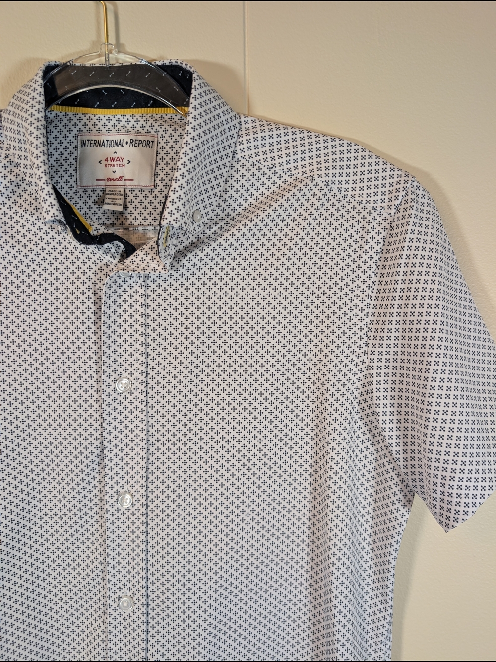 International Report Mens S 4 Way Stretch Shirt White Blue Micro Print Button Up